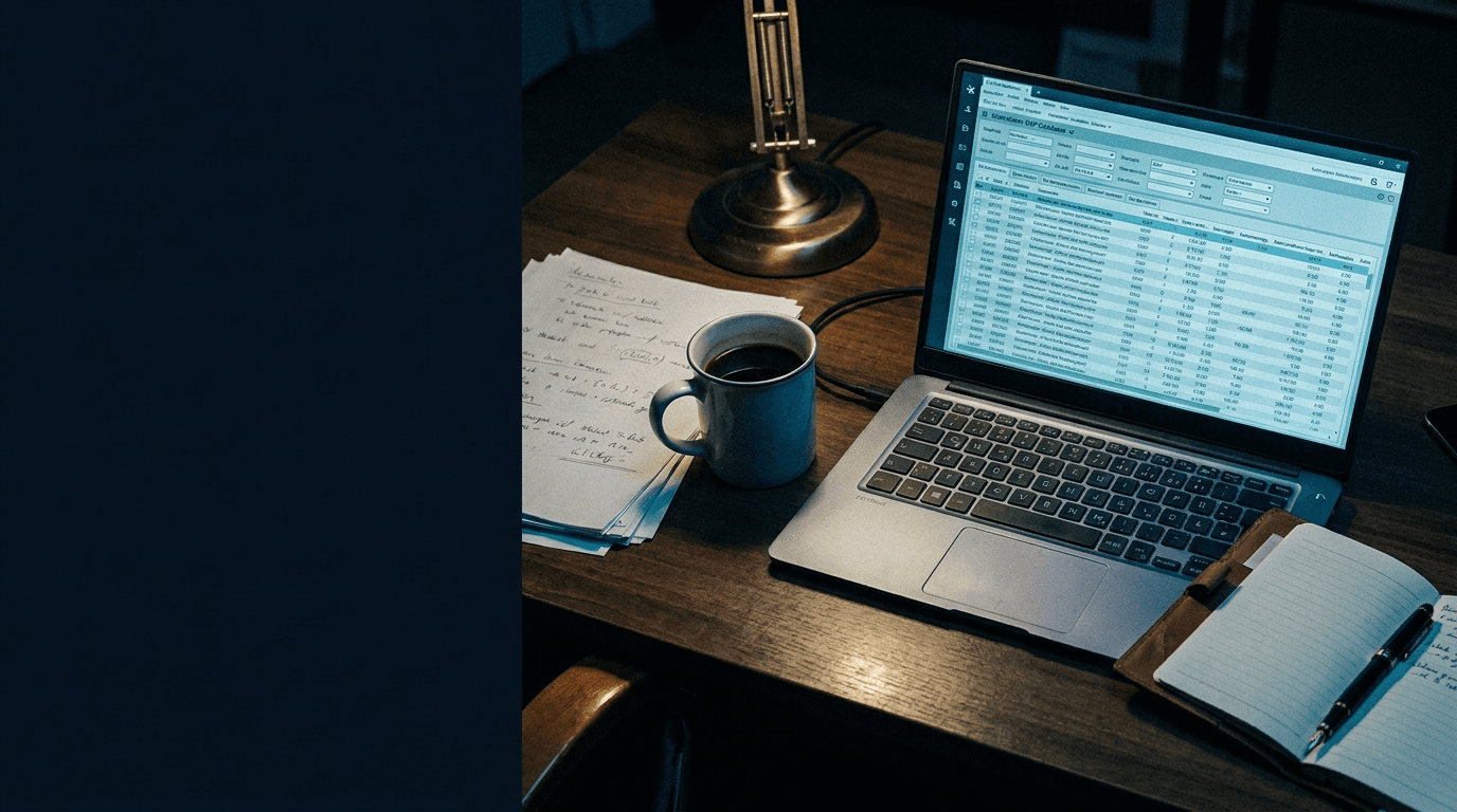 Schreibtisch am späten Abend mit Laptop, der ein ERP-System anzeigt