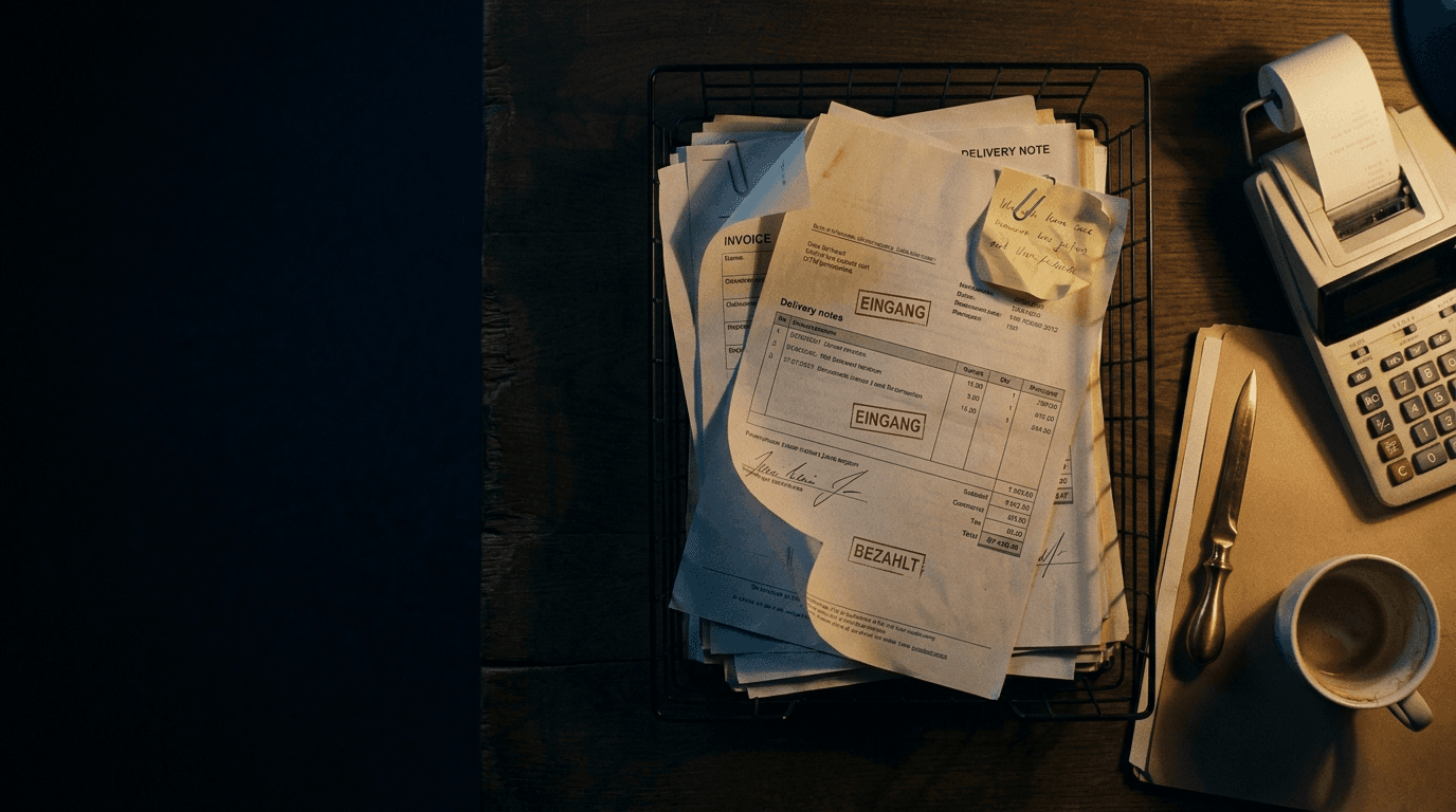 Stapel Papierrechnungen mit Eingangsstempeln in einem Posteingangskorb auf einem Schreibtisch