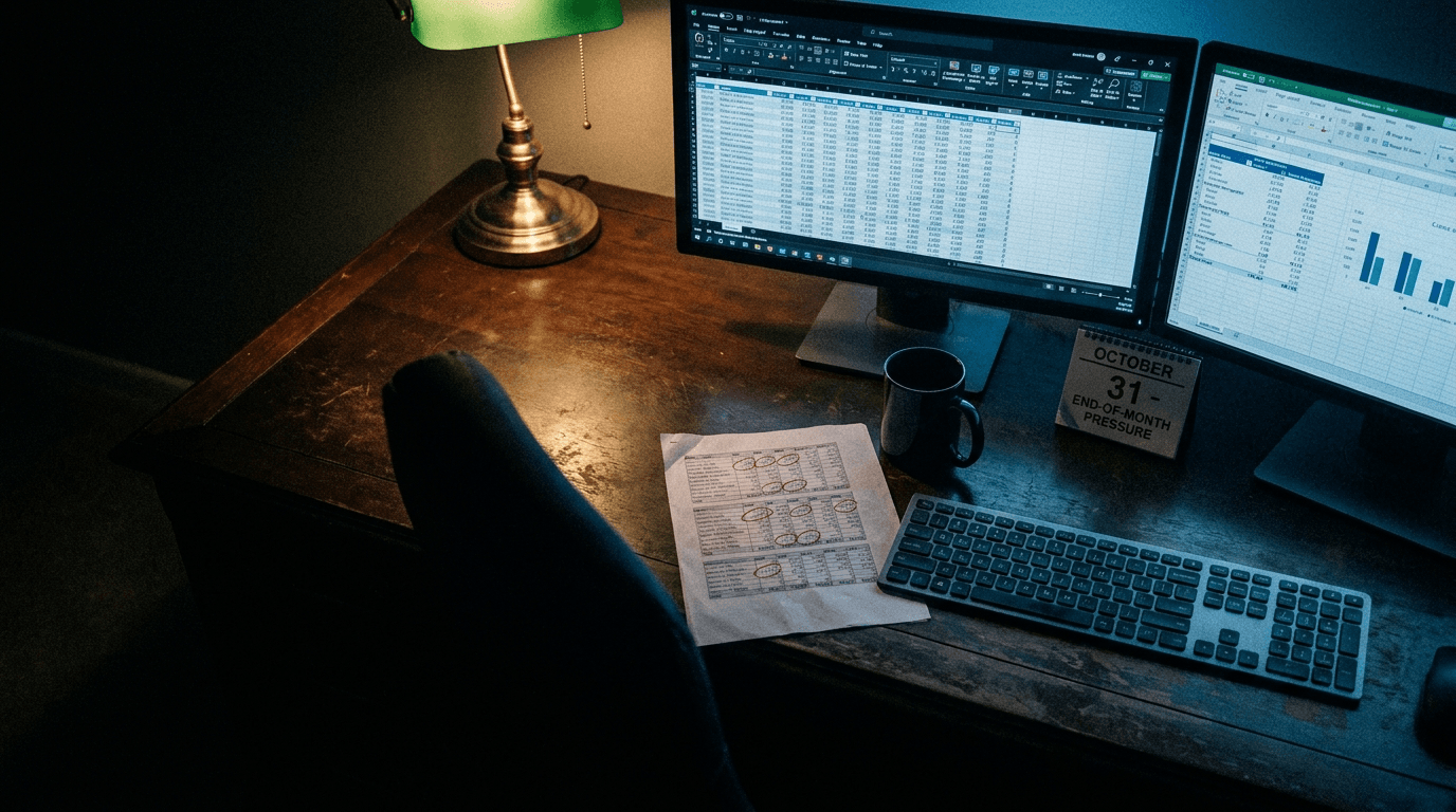 Zwei Bildschirme nebeneinander mit unterschiedlichen Excel-Tabellen auf einem Schreibtisch bei Nacht