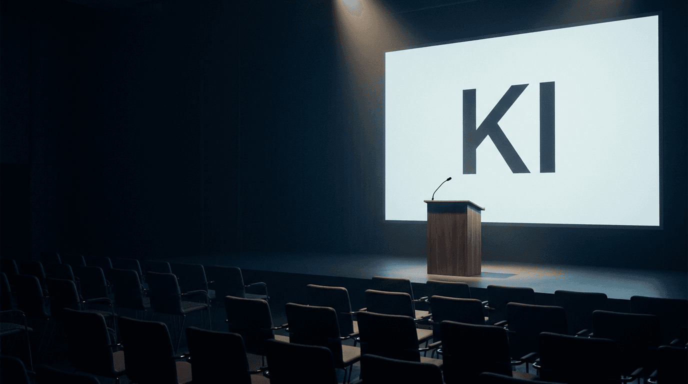 Leere Konferenzhalle mit beleuchteter Leinwand, auf der KI groß steht, davor ein Rednerpult